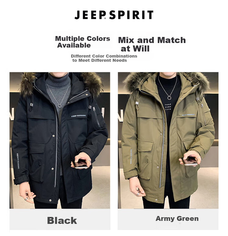 JEEP SPIRIT Men's down Jacket, Autumn And Winter Workwear Fur Collar Coat, Mid-Length Parka for Men, Army Green, Size L 2