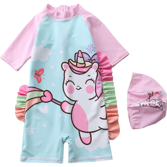 9i9 Kids Girls One-Piece Hooded Swimsuit Summer Unicorn Sun Protection Quick-Dry Hot Spring Swimwear B101 Phantom Blue 2XL