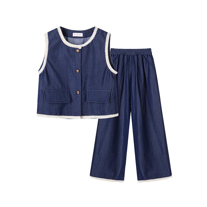 Follow Me Girls' Spring And Autumn Outfit Set: Stylish Vest Top And Casual Wide-Leg Pants Two-Piece Suit Blue Size 160