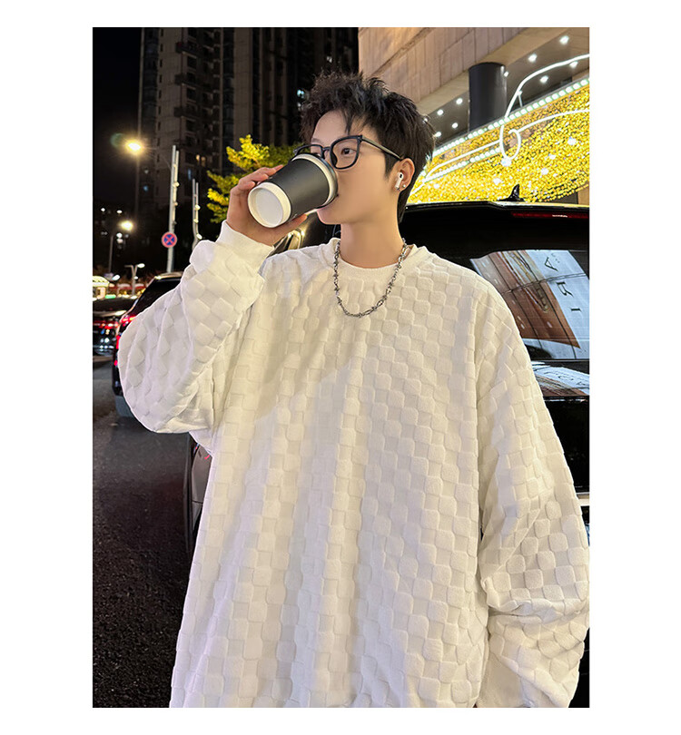 Dingfengbaoluo Japanese-Style Plaid Crew Neck Sweatshirt for Men, Spring Loose-Fitting High-End Casual Base Layer Top DFL77 Black XL 4