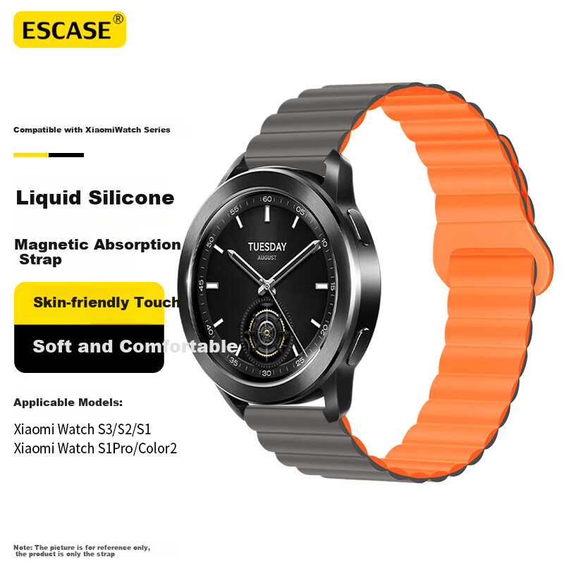 ESCASE Magnetic Silicone Watch Strap Compatible with Xiaomi Watch S3/S2/S1/S1Pro/Color2, Comfortable Band for Men And Women, Buckle Design, 46mm Watch Face, Gray with Orange