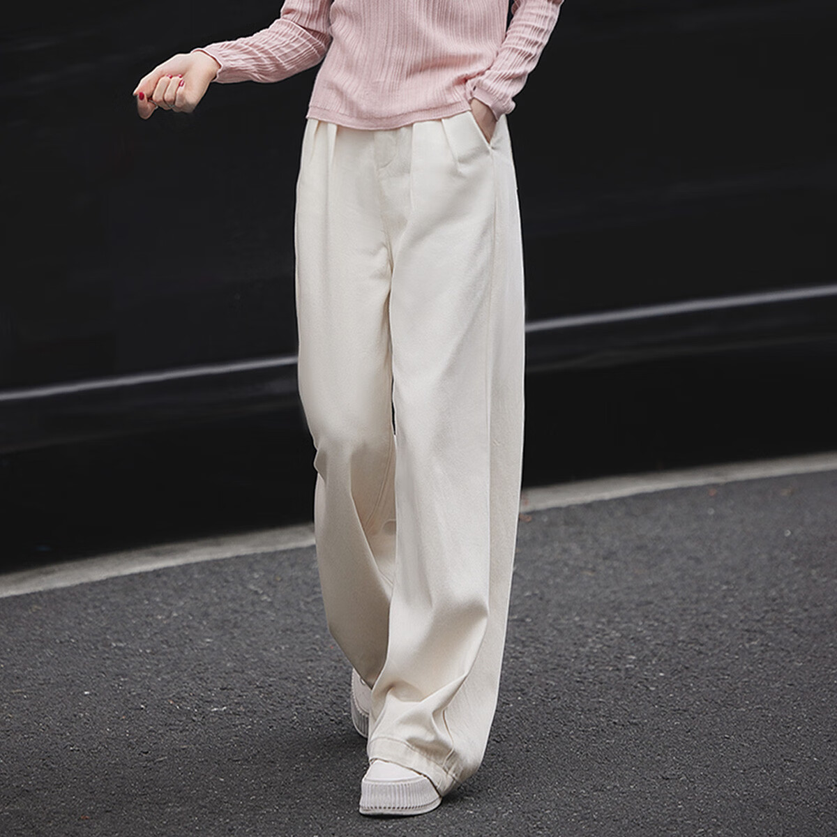 Mt [Solid Color Simple Style] Spring And Autumn Minimalist High-Waisted Versatile Wide Straight-Leg Jeans Trousers, Off-White, M