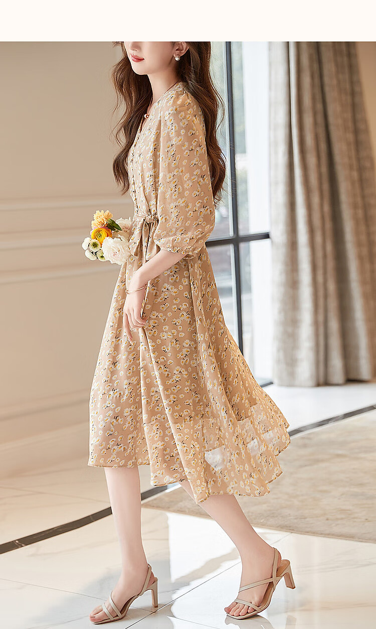 Dme [Xiao Zhi Ju Print Chiffon Dress], Spring And Autumn V-Neck Waist-Cinching Puff Sleeve Midi Dress for Wome 11