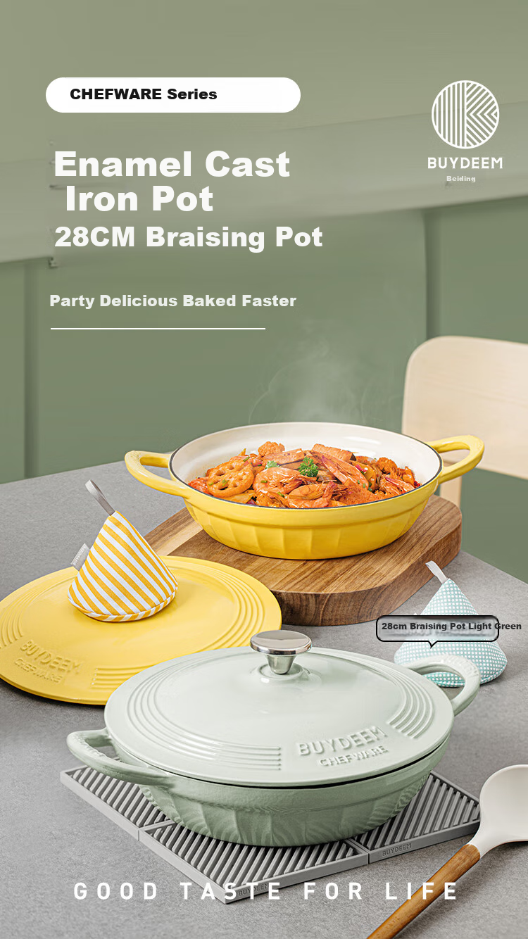 Buydeem Enamel Cast Iron Pot, Stew Pot, Braising Pot, Baking Pot, Seafood Pot, White Enamel, 28cm, Flowing Gold, Purple 1