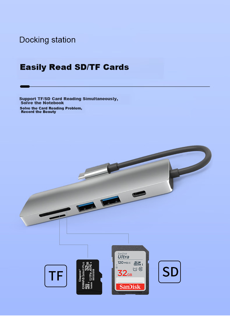 ECOLA Type-C Five-In Docking Station with Charging Port, Compatible with Apple And Huawei Laptops, USB2.0/HDMI/VGA/PD Fast Charging CB-A053GR 6