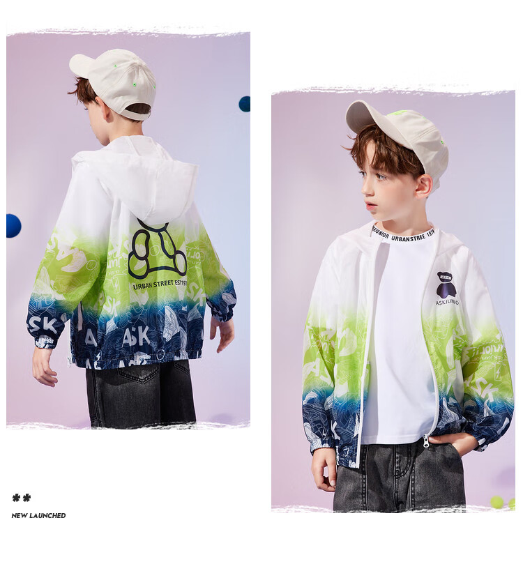 ASK JUNIOR Boys' Summer Air-Conditioned Jacket Skin Coat Colorblock Hooded Sports Windbreaker Light Blue 160 10