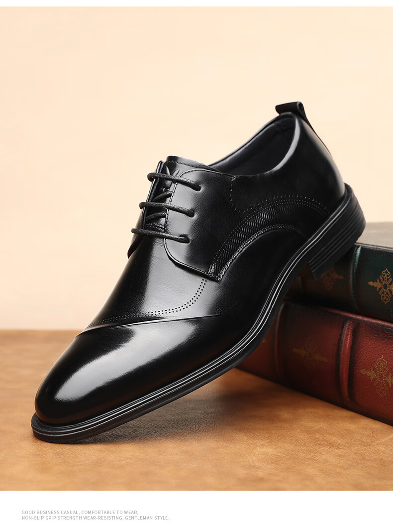 PLAYBOY Men's Leather Shoes, British Trendy Pointed Toe Lace-Up Formal Business Shoes, Groom Wedding Shoes, Black, Size 42 4