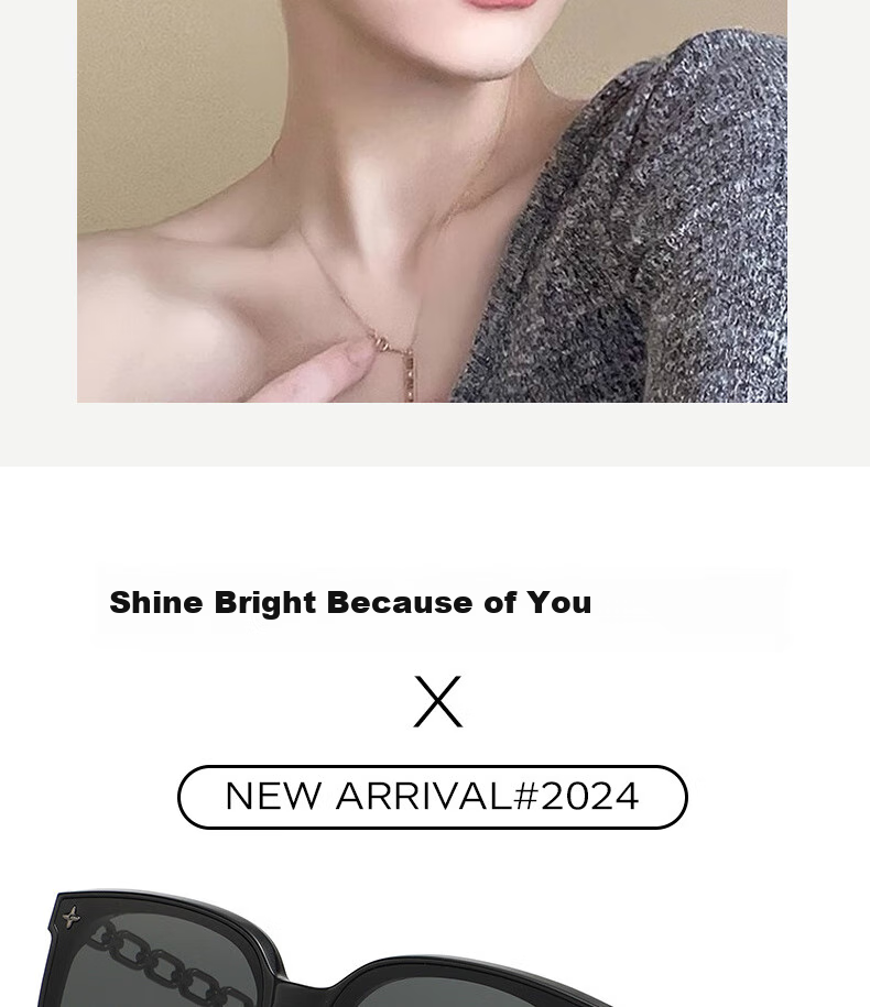 Boshide Sunglasses, Black Square Frame with Chain, Korean Style High-End Sun Protection, Black Gold Frame with Dark Gray Lenses 3