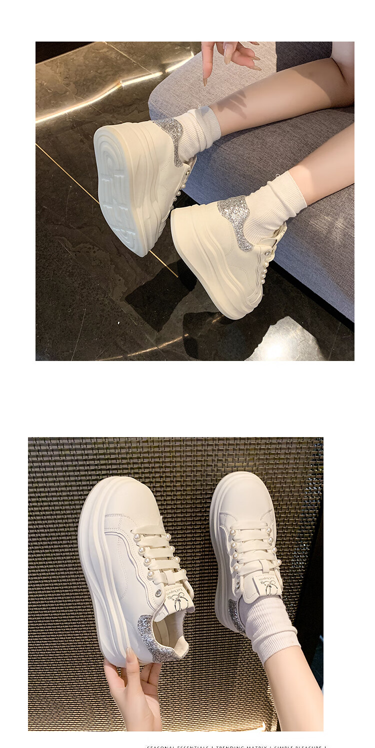 La Chapelle Women's Sneakers, Thick-Soled White Shoes, Versatile Pearl Lace-Up Sports White Shoes-JX005 Silver 39 13