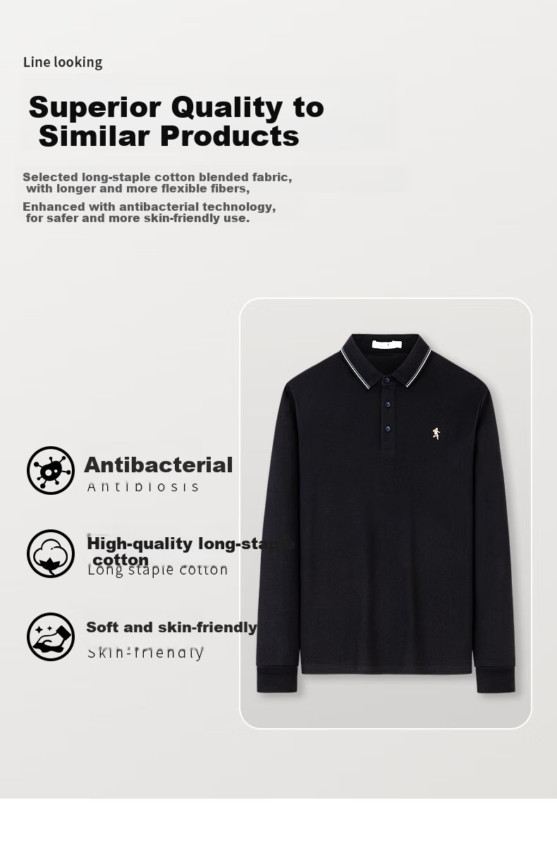 DANCING WOLVES [5A Antibacterial] Business Commute Fashionable Exquisite Embroidered Men's Long-Sleeve Polo Shirt, 102 Navy Blue, Size 185 4