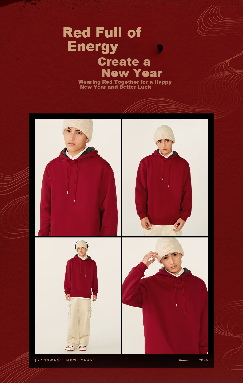 JEANSWEST LIFE Red Zodiac Year Hooded Sweatshirt for Men, Winter Fleece-Lined Thickened Boys' Clothing, Chinese Style Horse Year Jacket 2