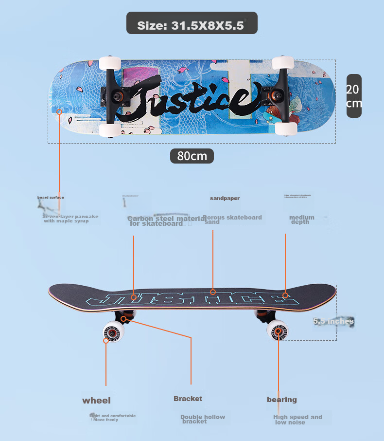 JUSTICE Boiling Point Skateboard for Adults, Professional Skateboard for Teenagers And Children, Beginner Four-Wheel Street Cruising Skateboard Kai Feng 3
