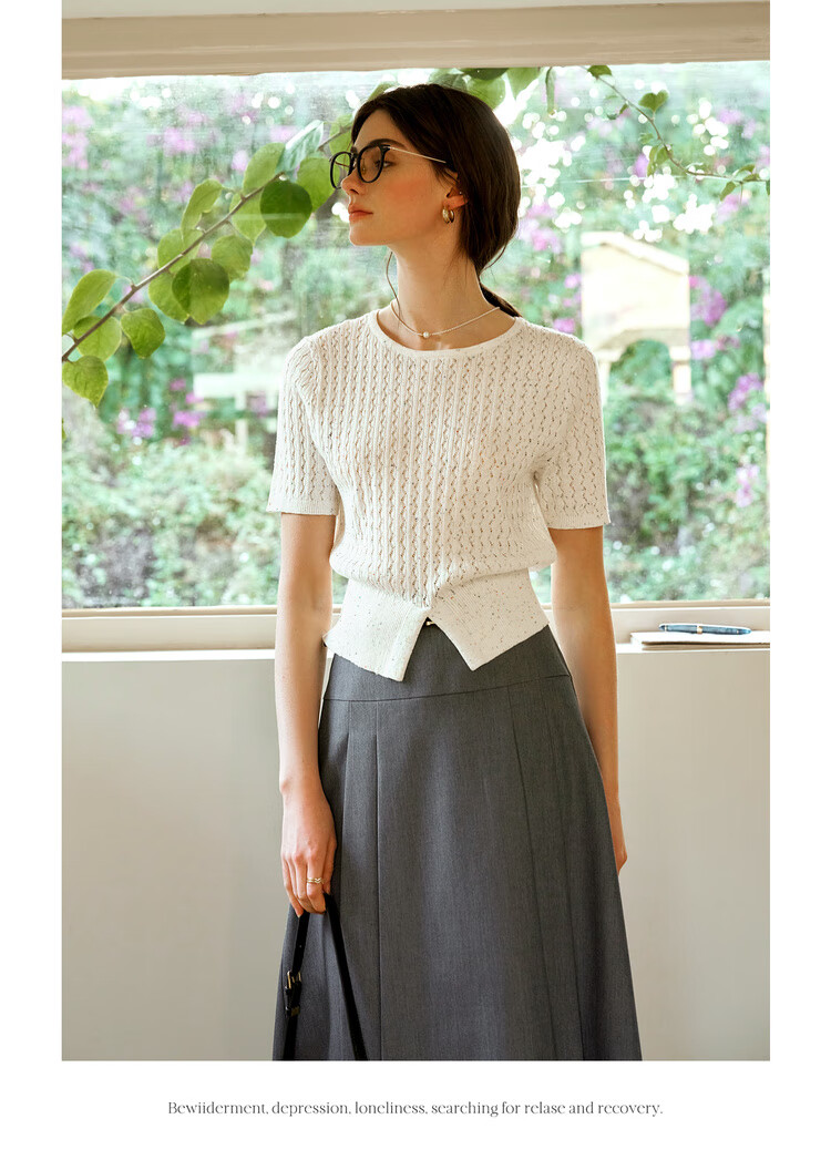 Olrain Eurielle French Style Short Sleeve Knit Top Summer Women's Colorful Split Round Neck Pullover White L 11