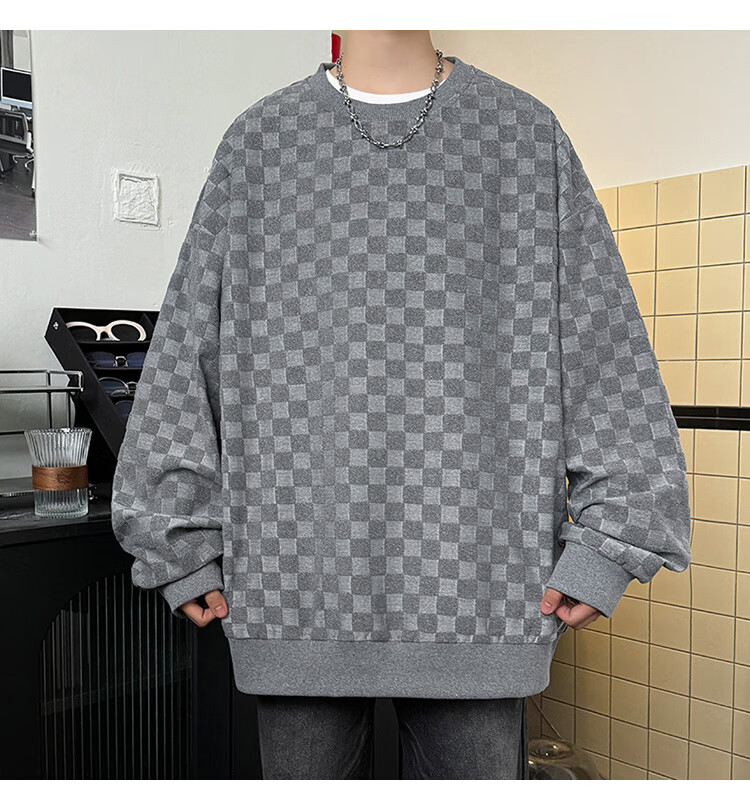 Dingfengbaoluo Japanese-Style Plaid Crew Neck Sweatshirt for Men, Spring Loose-Fitting High-End Casual Base Layer Top DFL77 Black XL 27