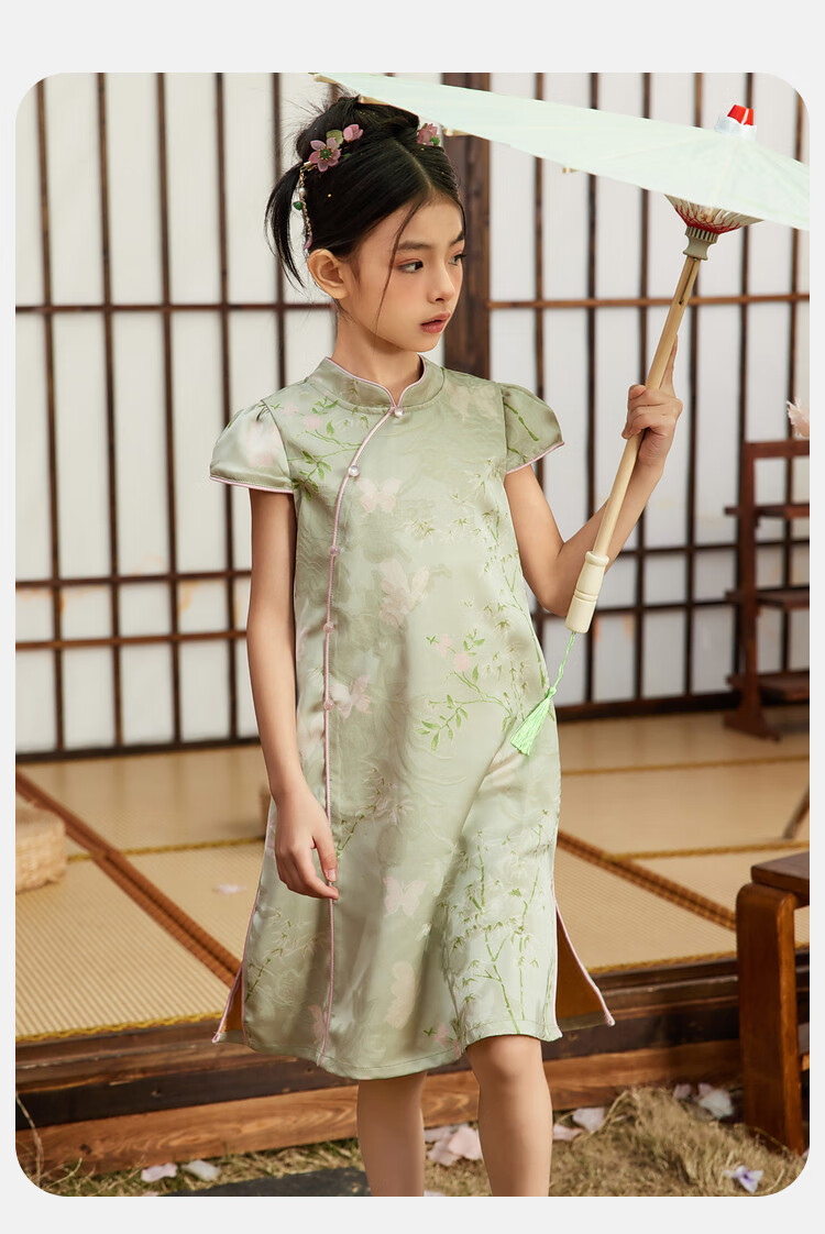 ASK JUNIOR Chinese Style New Mid-Autumn Girls Dress 2025 Summer Qipao Jacquard Princess Dress for Kids Bean Green 110 8