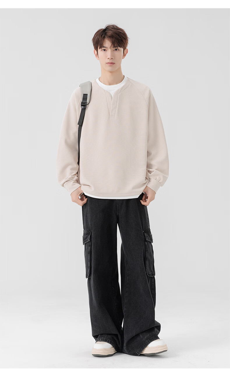 MMOPTOP Japanese-Style Color-Block Faux Two-Piece Crew Neck Sweatshirt, Spring And Autumn Men's Loose Comfortable Top, MWY15 Black XL 13