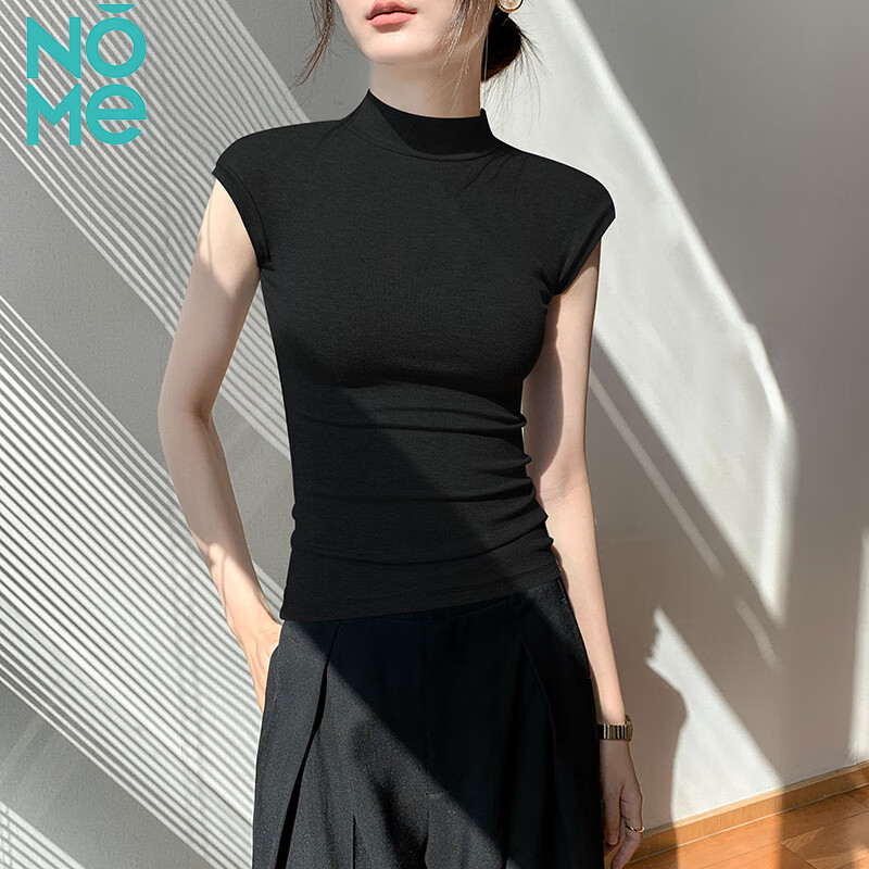 NOME Ribbed Turtleneck Tank Top for Women, Spring And Summer New Style, Slim Fit, Versatile Sleeveless Undershirt, Black, XL