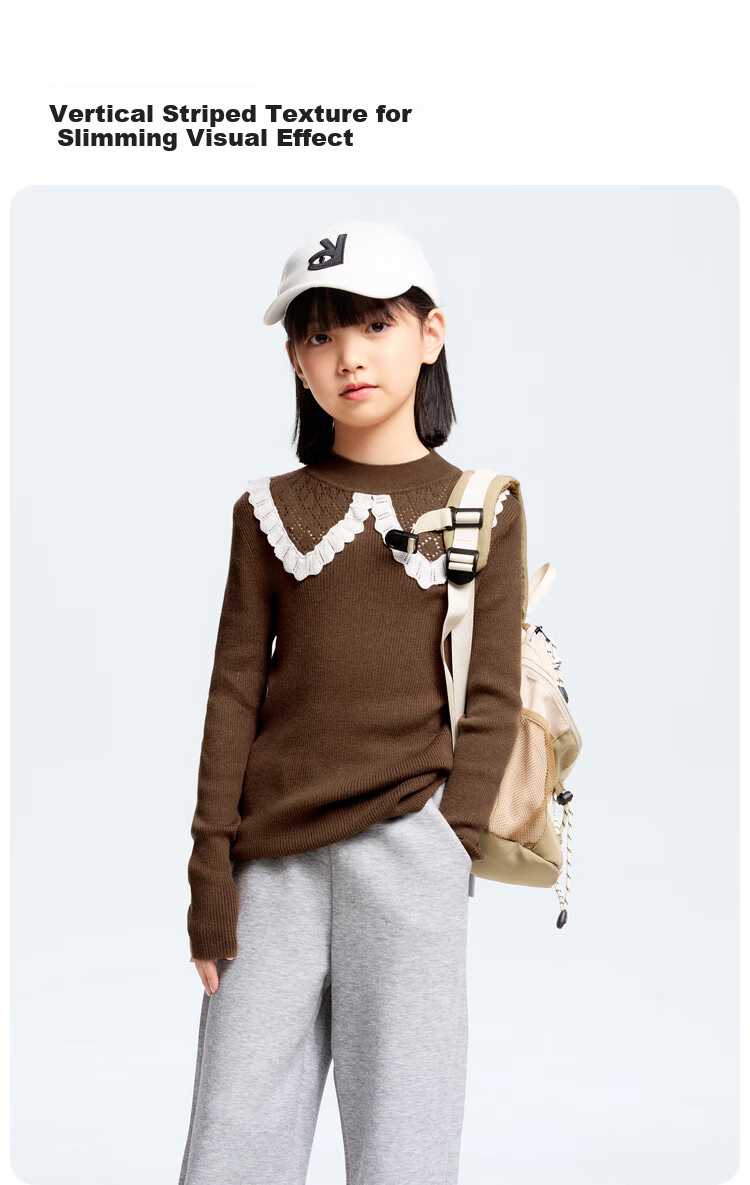 Annil Girls' Mid-Neck Knit Sweater, New Winter 2024 Style, Cloud Sweater Brown, Size 130 4