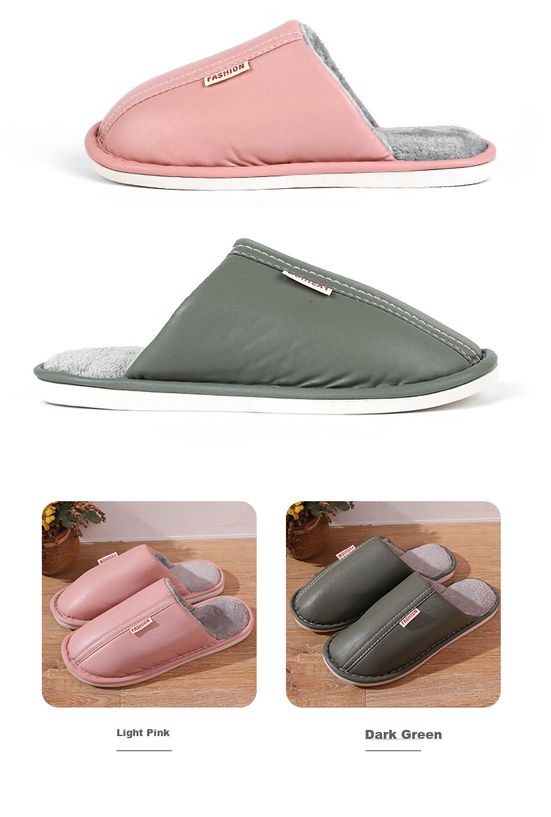 FOOTOPPO PU Leather Slippers for Men, Cotton Slippers for Winter, Thick-Soled Non-Slip Warm Furry Slippers, Soft-Soled Men's Home Shoes, Waterproof Cotton Slippers for Wome 7