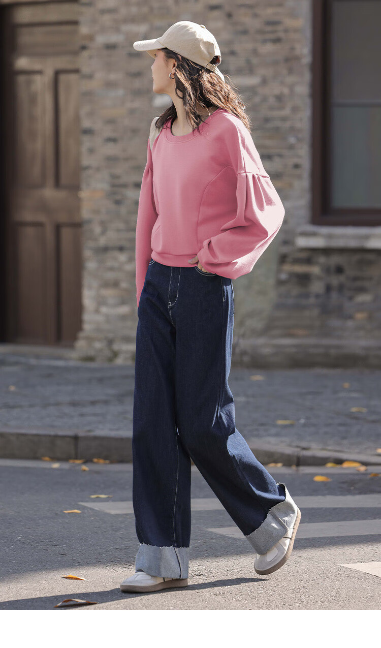 Dme [Raspberry Pink Short Puff Sleeve] Autumn Round Neck Drop Shoulder Puff Sleeve Plus Size Split Design Sweatshirt 12