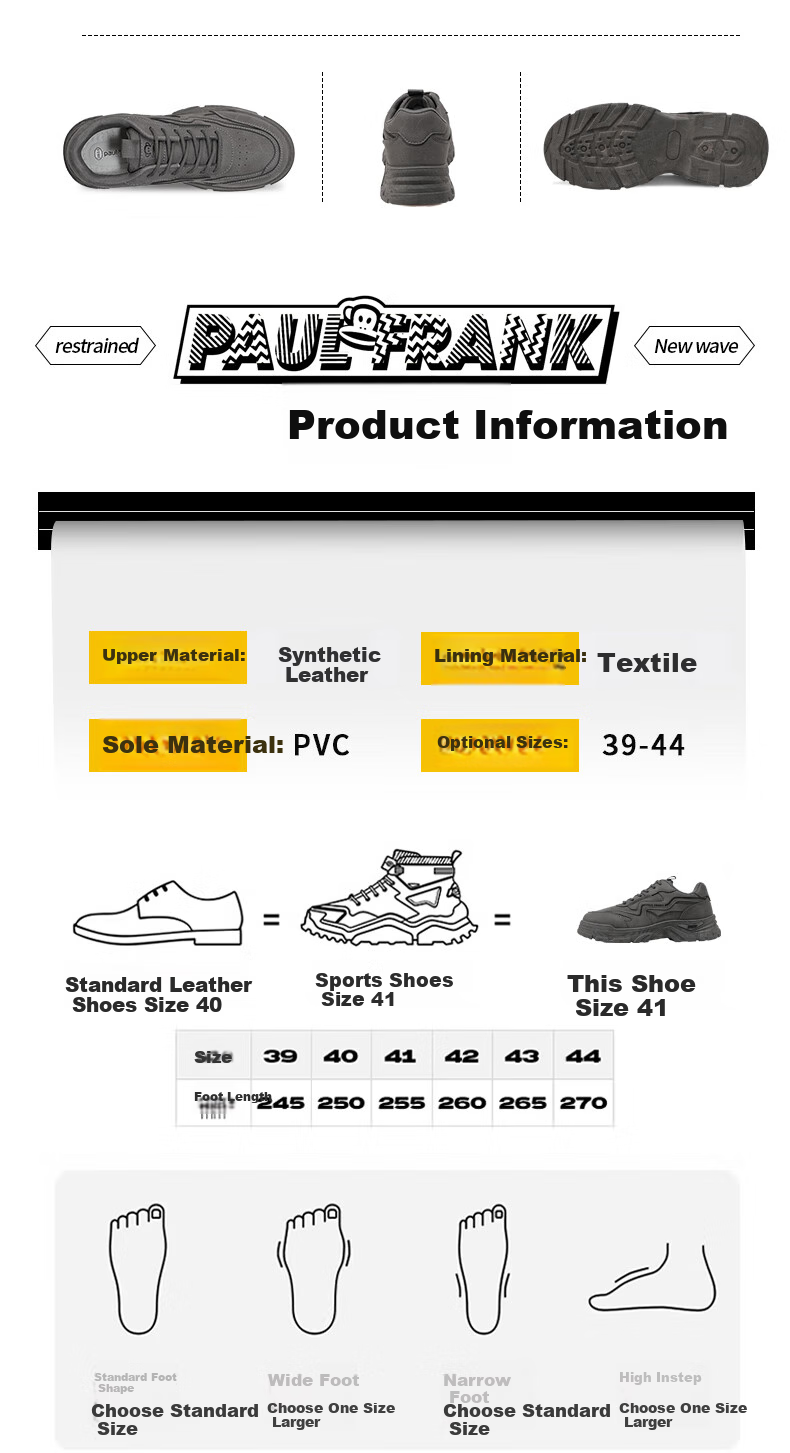 Paul Frank Casual Shoes, Unisex Sneakers, Couple's Martin Boots, Low-Top Outdoor Retro Work Boots, 245U Black, Size 43 2