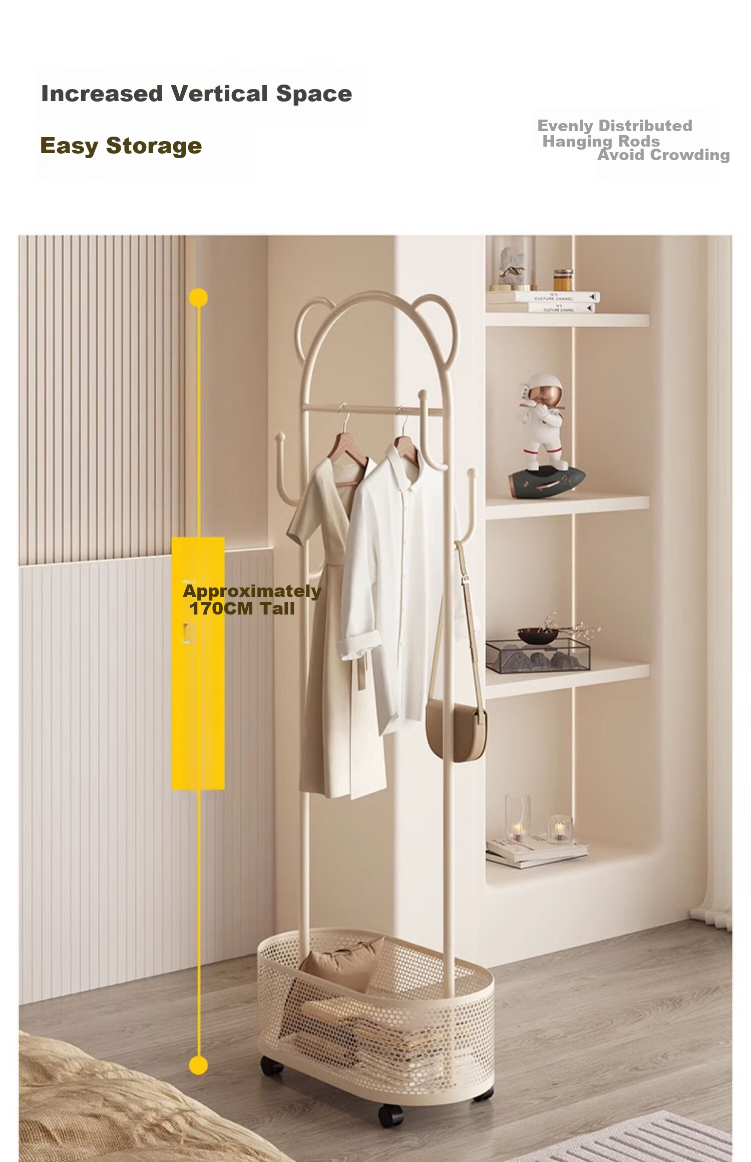 XIAOJIANGCAI Coat Rack, Floor-Standing Clothes Hanger, Mobile with Wheels, Drying Rack, Living Room Simple Storage Coat Stand, 60cm, Cream White 9