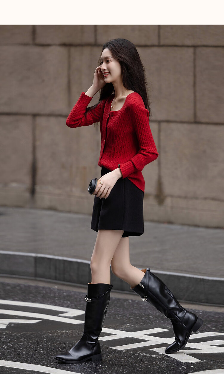 Dme (Xuainitianxin) Spring And Autumn French Square Collar Sweater, Simple Style Long-Sleeve Cardigan, Soft Elastic Knit Sweater, Women's Top 17