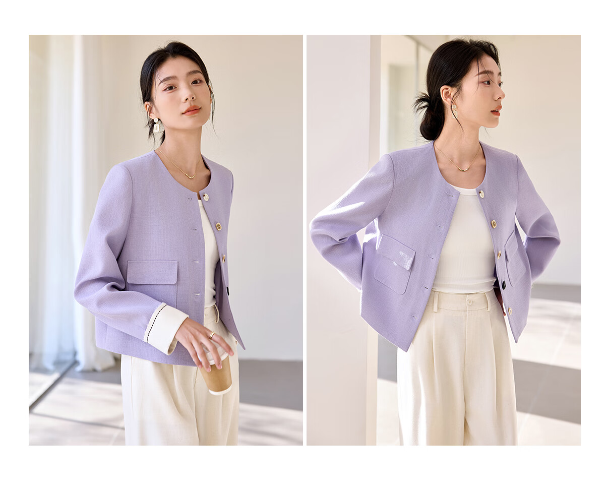 Chushen Women's Short Jacket for Spring And Autumn, Gentle Purple Elegant Chanel-Style Short H-Type Casual Coat for Petite Women S51D035 25