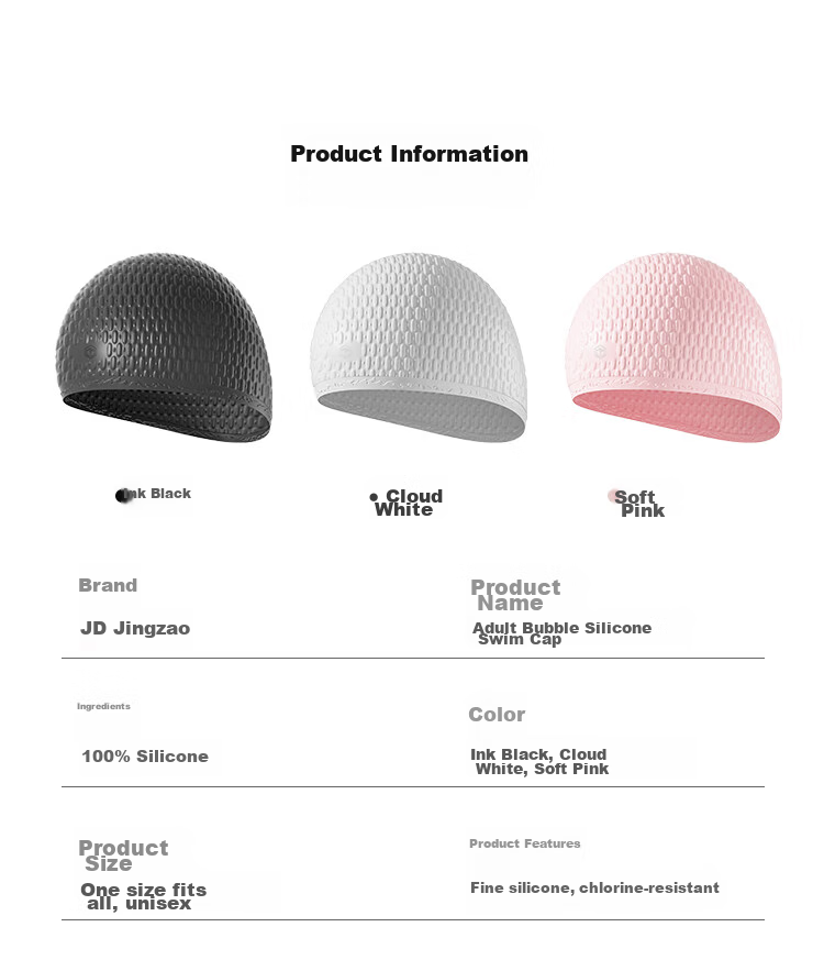 JD Original Silicone Swim Cap for Women with Long Hair, Concave Non-Slip Particles Swimming Cap for Men And Women, Bubble Cap, Cloud White 17