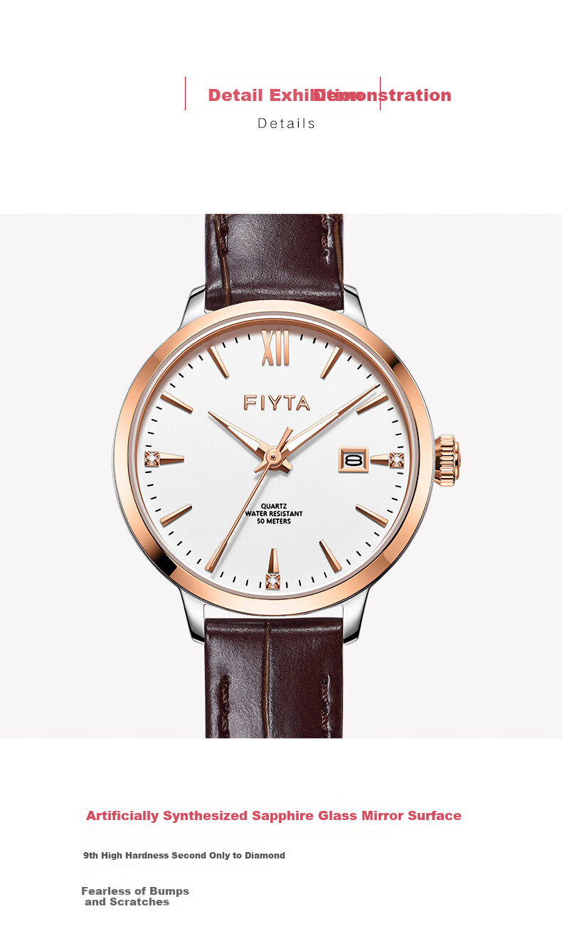 FIYTA Zhuoya Series, Quartz White Dial with Calendar, Brown Leather Strap Business Watch for Men, Birthday And Holiday Gift for Me 9