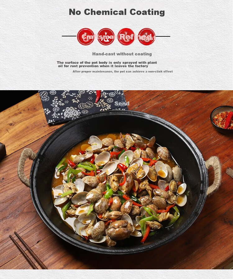 Xialaoda Cast Iron Skillet, Flat Bottom Wok, Grilling Pan, Traditional Handmade Iron Pan, Specialized for Steamed Buns And Water Frying, 36cm 5