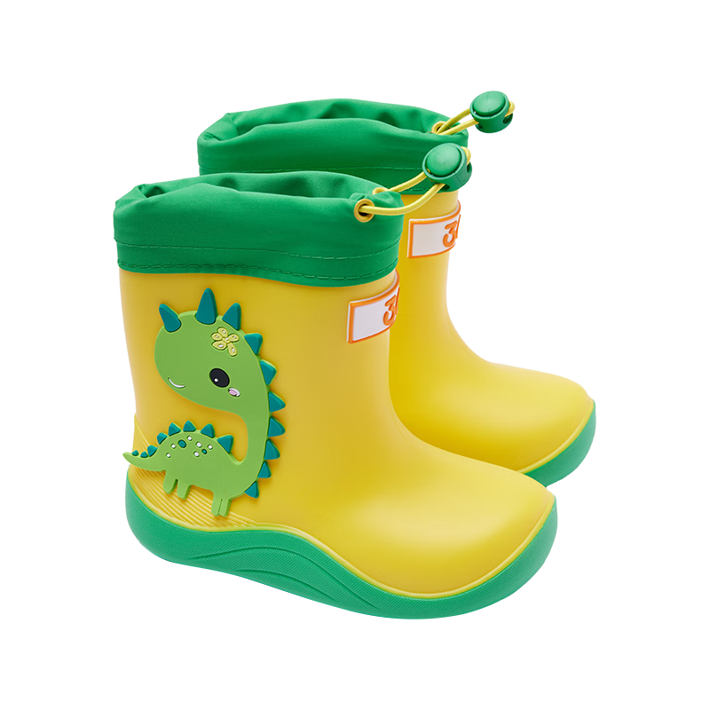 361° Children's Rain Boots, Waterproof And Non-Slip, Three-Dimensional Design for Boys And Girls, All-Season Rain Boots with Drawstring, Cartoon Style, Yellow And Green, Size 25
