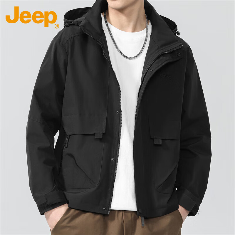 JEEP Men's Jacket, Spring And Autumn Loose Fit, Hooded Trendy Casual Outerwear, Black, XL