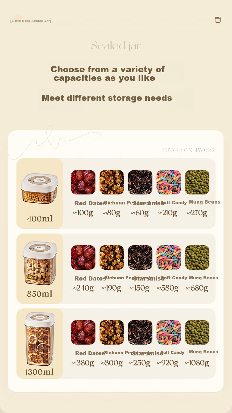Bear Airtight Container, Multi-Grain Storage Box, Plastic Jar for Snacks, Dried Goods, Tea Leaves, 850ml Sealed Container 12