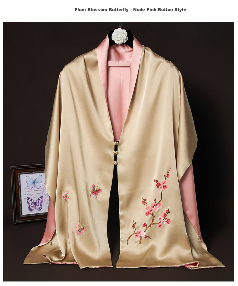 Hangsi Mansion Su Embroidery Silk Scarf Shawl Mulberry Silk Luxury Set Birthday Holiday Gift for Mom - Butterfly Green 19