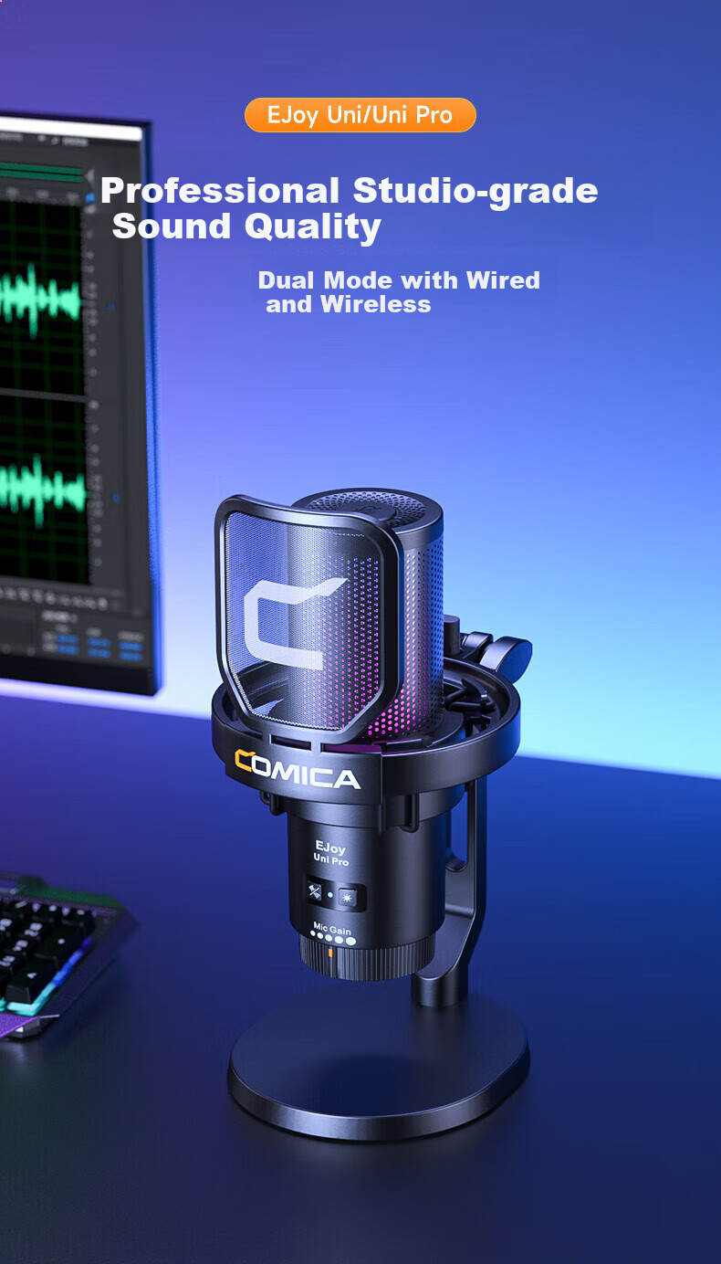 COMICA Enjoying Listening UniPro (D) Professional Studio-Grade Wireless RGB Colorful Desktop Heart-Shaped Condenser Microphone with Desktop Stand, White 1