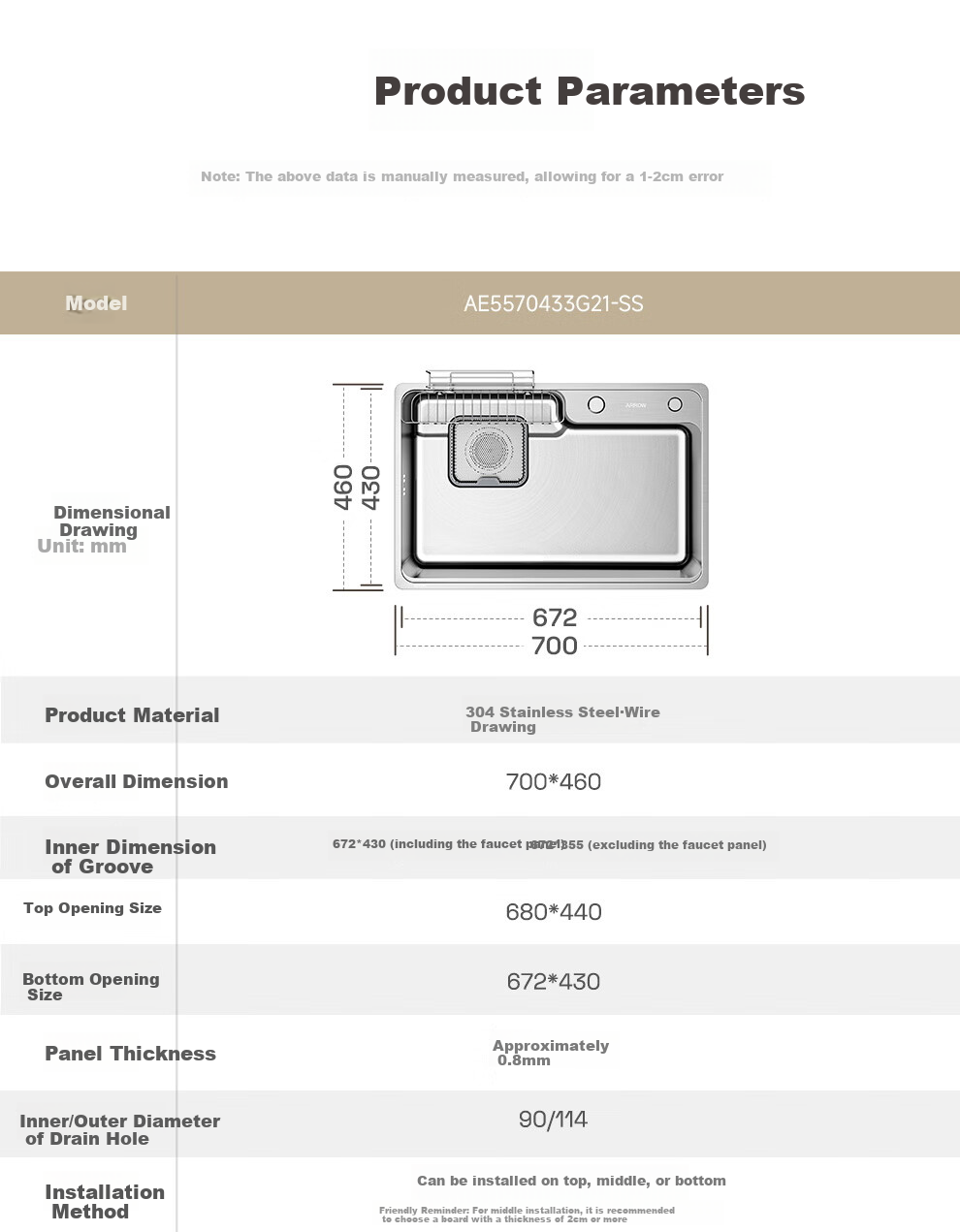 ARROW 304 Stainless Steel, Uncoated Sink, Large Single Basin, Sump Drainage, Japanese-Style, for Small Apartments, Vegetable Washing Basin [Renovation Subsidy 15%] 1