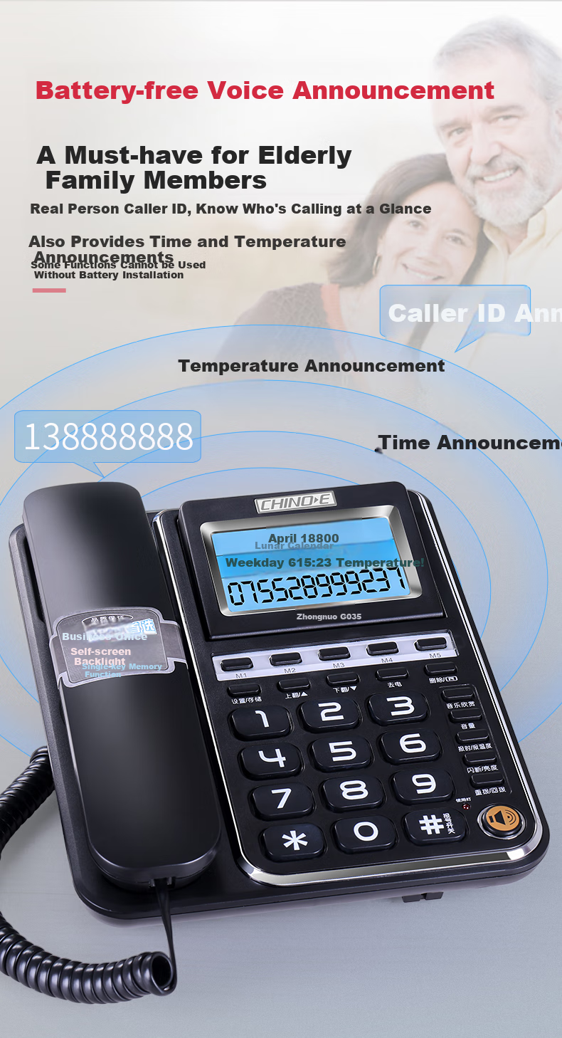 CHINO-E Landline Telephone with Caller ID Display, 5 Pre-Programmed Family Numbers, Adjustable Screen Angle, Caller Number Display, Corded Phone G035 Black Office Companio 2