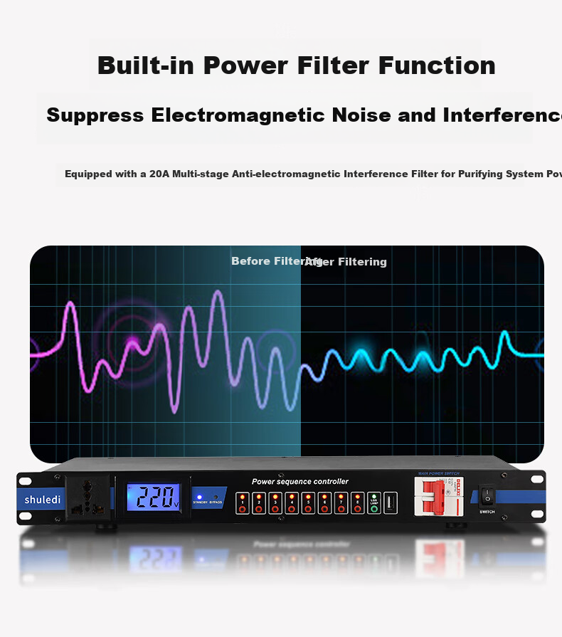 Shuledi D-20 Domestic Professional 8-Channel Power Sequencer with Filter, Independent Power Manager with Switch, Voltage Display, Stage Power Protector Controller for Meetings And KTV Audio Systems 14