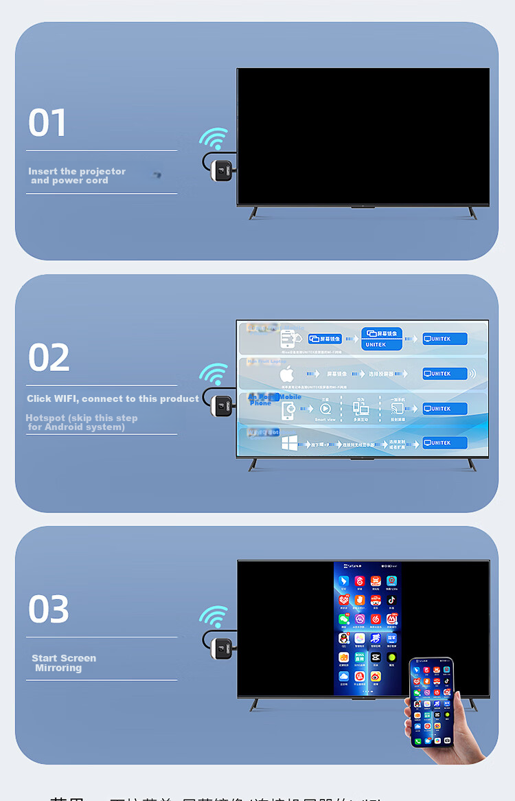 UNITEK Wireless Screen Mirroring Device for Smartphones, HD HDMI Audio And Video Synchronizer, Compatible with Apple, Android, Huawei Phones, for Casting to Old TVs And Projectors, Wireless Video Transmitter V162A 16