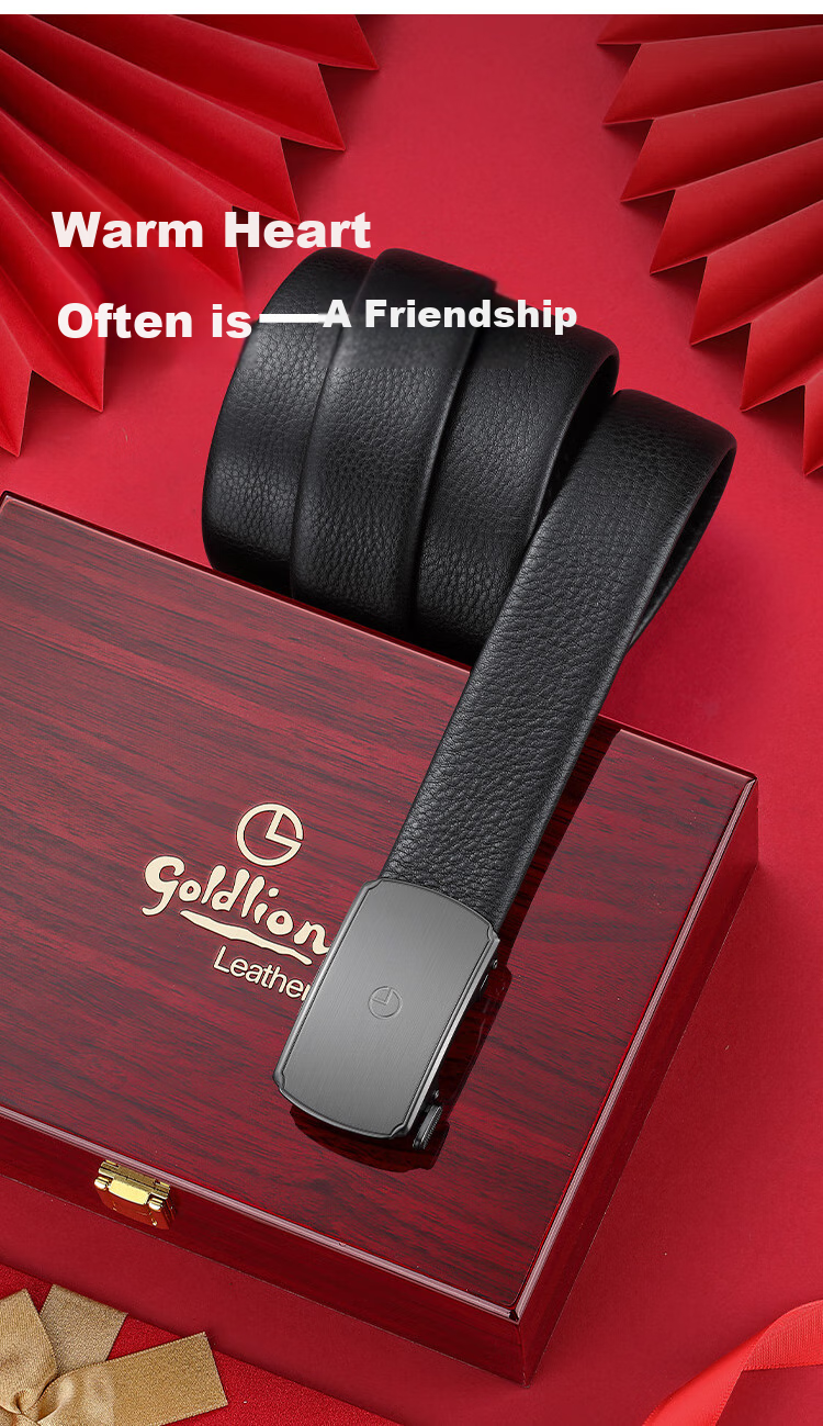 Goldlion Men's Leather Belt with Inner Buckle, Automatic Buckle Waistband, High-End Rosewood Gift Box Set, Birthday Gift for Gifting 1