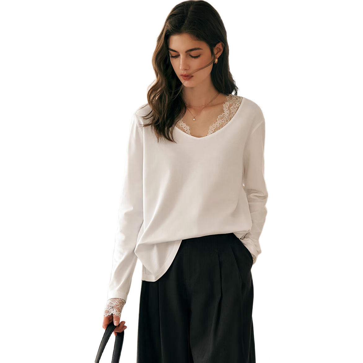 Oulain V-Neck T-Shirt for Women, Spring 2025 New French-Inspired Lace Long-Sleeve Top, White, Size M