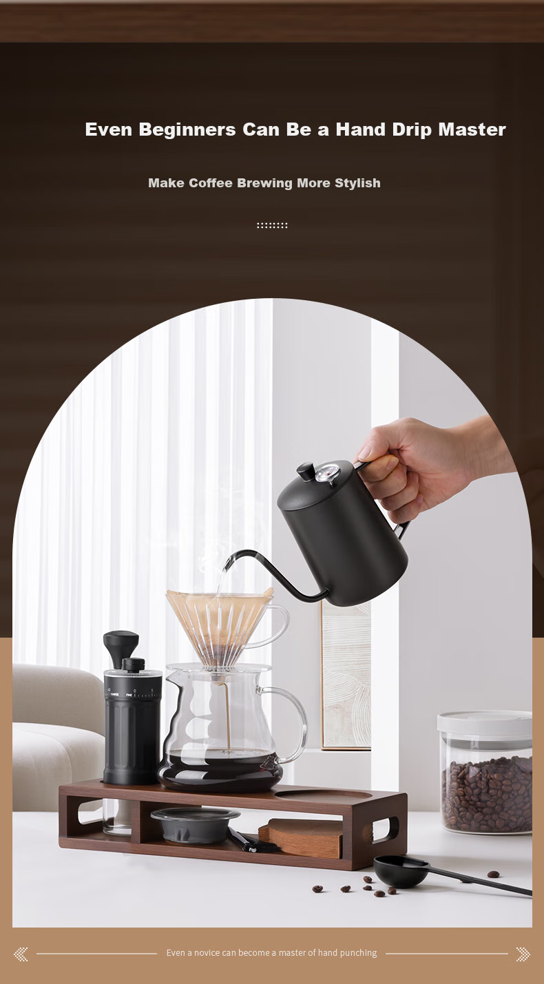 CLITON Pour-Over Coffee Maker Set with Hand Grinder, Manual Coffee Mill, Pour-Over Kettle, Filter Cup, Wooden Stand, 9-Piece Set 2