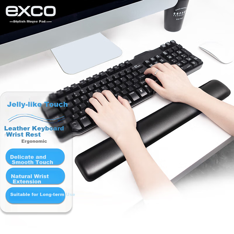 EXCO Leather 104-Key Keyboard Wrist Rest, Ergonomic Wrist Support, Keyboard Pad, Wrist Cushion, Mouse Pad Wrist Protector, Silicone Leather Palm Rest Keyboard Hand Pillow, Black 6098 4