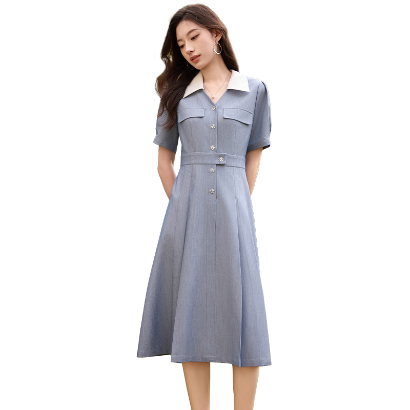 Chushen Summer Short-Sleeve Dress for Women, Retro Color-Block Lapel, Waist-Cinching Slimming, Commuter Casual Dress S52Q036