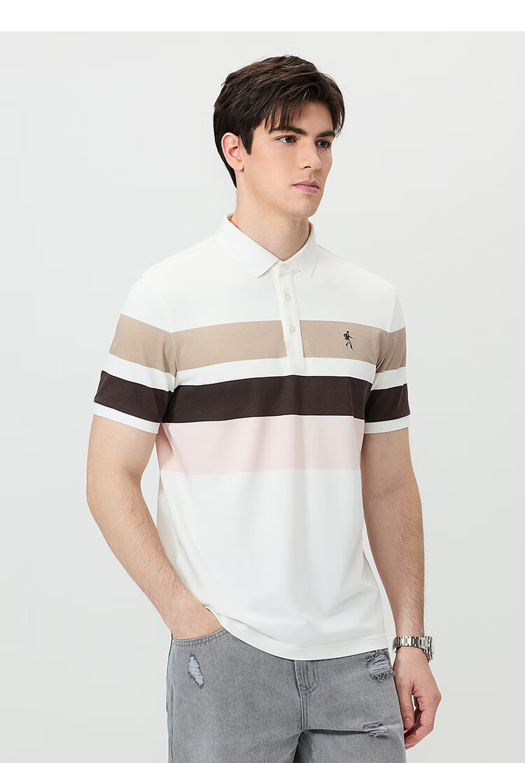 DANCING WOLVES [7A Antibacterial & Cooling] Contrasting Striped Mulberry Silk Men's Short-Sleeve POLO 803 Pure White M (170) 4