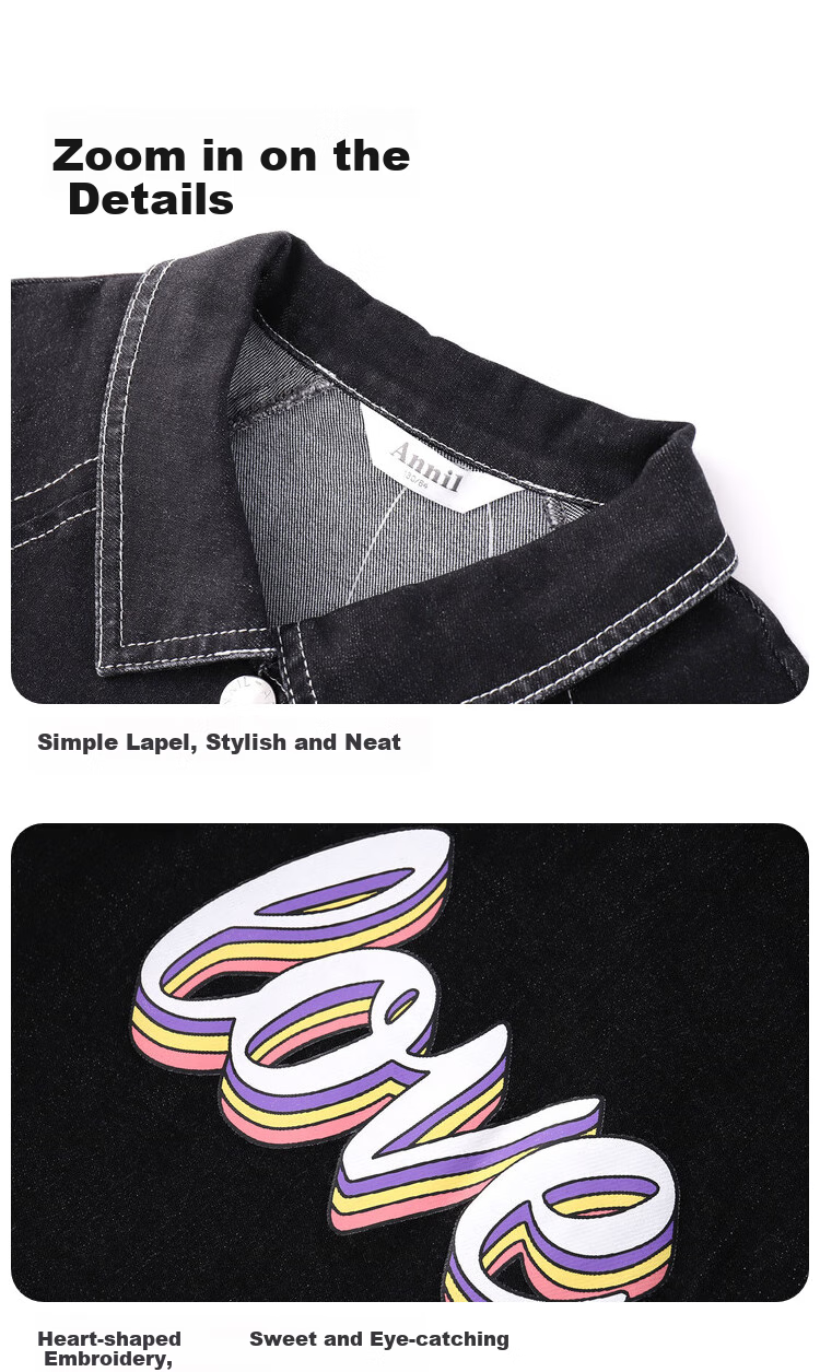 Annil Girls' Denim Jacket, New Autumn Style 2024, Black Denim, Size 160 9