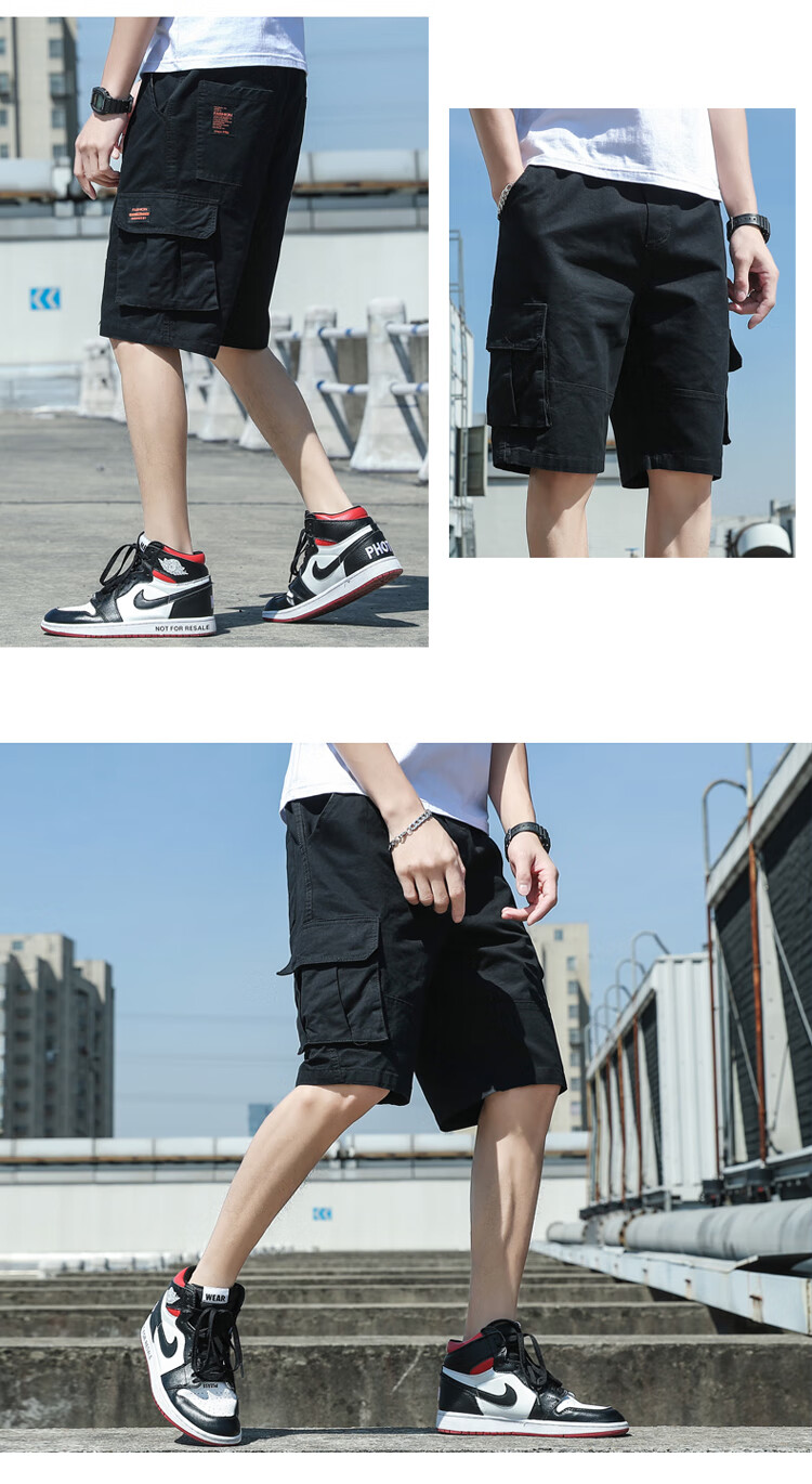TUCANO Men's Summer Cotton Comfortable Multi-Pocket Cargo Shorts Skin-Friendly Sports Five-Point Pants Black 2XL 12
