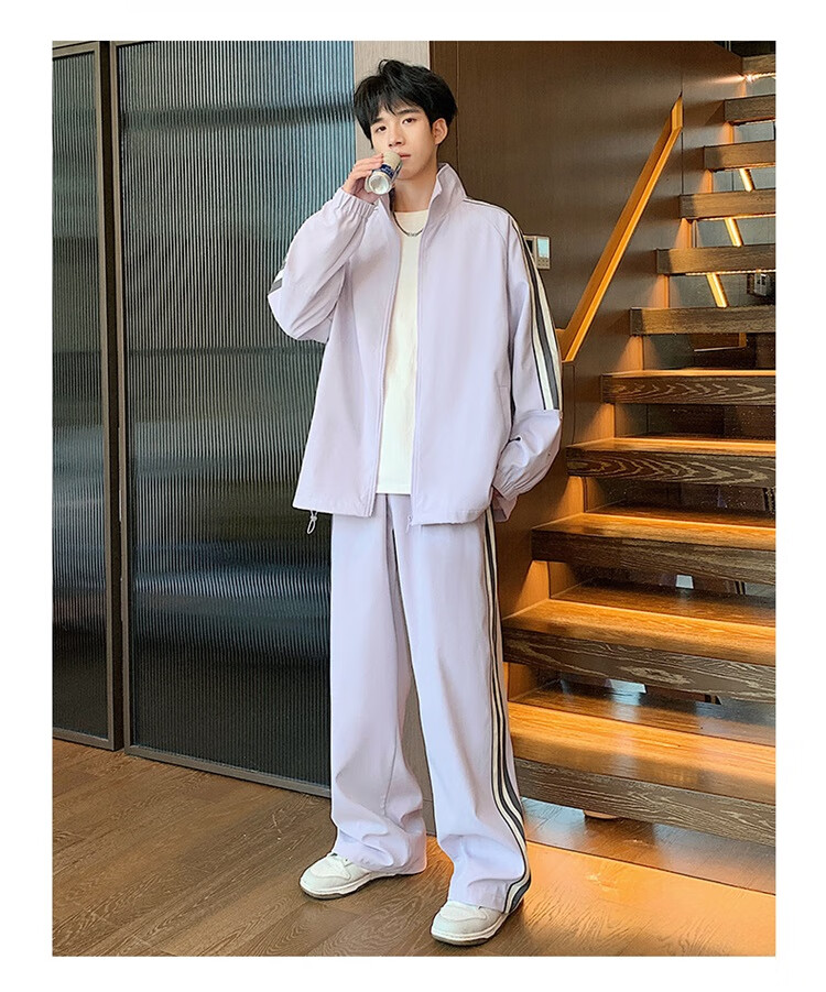 Dingfengbaoluo Men's Autumn Winter Sports Casual Set Trendy Stand Collar Zip-up Jacket Loose Fit Outfit K02 Starry Gray L 2