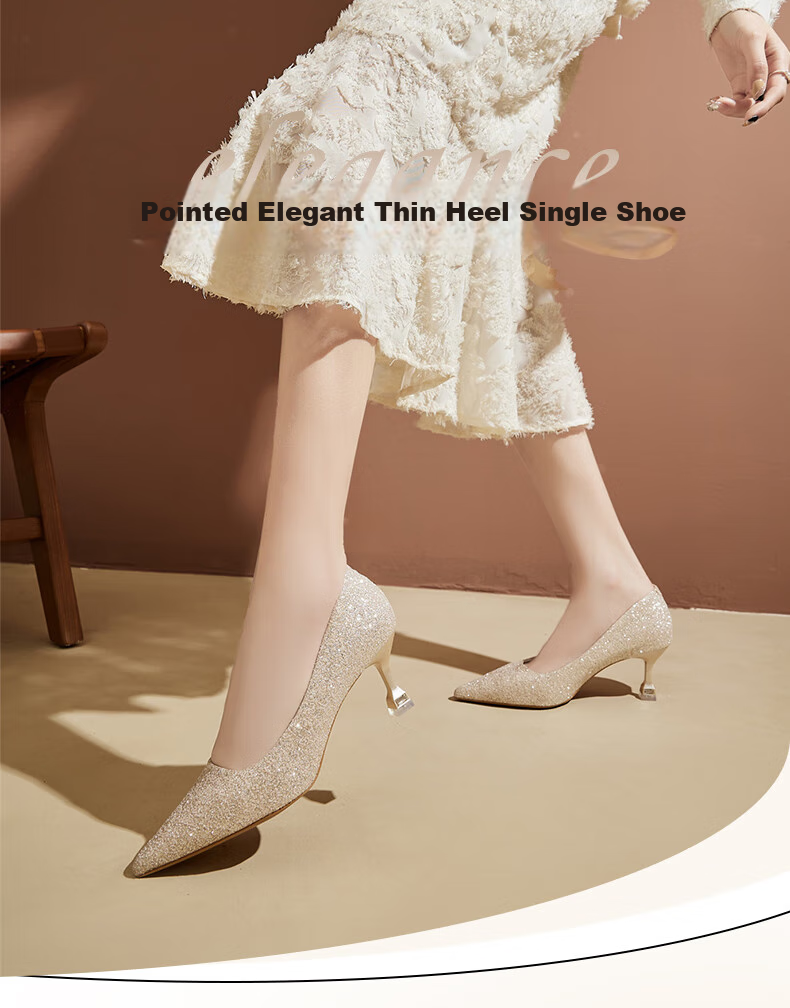 DAPHNE Women's High Heels, Pointed Toe, Stiletto, Shallow Mouth, Single Shoes, Fairy Style, Elegant Heightening Wedding Party Shoes, Champagne Color, Size 34 1